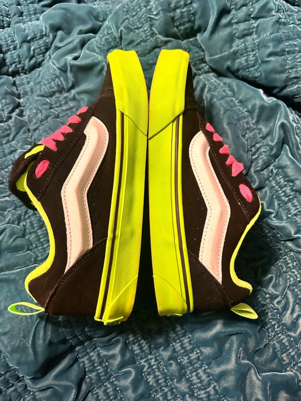 Vans Black Sneakers with Neon Pink Laces and Neon Green Trim - Picture 2 of 6